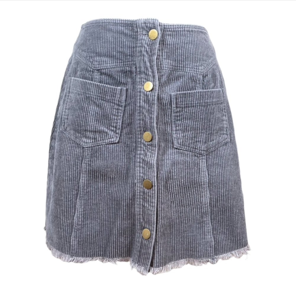 Mittoshop • Gray Corduroy Mini Skirt with Fringe Hem Line • Size: Small (NWOT)